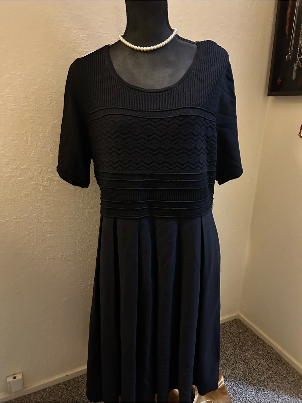 Lane Bryant Black Textured Bodice Pleated Midi Dress